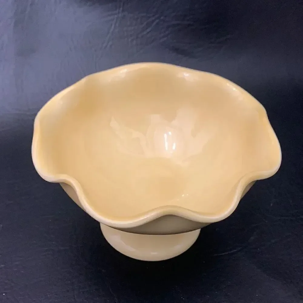 Made Italy Hand Painted Yellow Ceramic. Round Scalloped Edge Set Of 2 Bowls